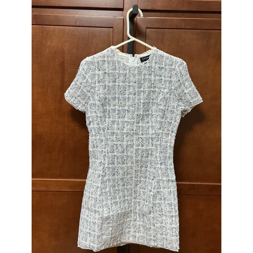 Sirena Tweed Mini Dress S White Blue Short Sleeve Back Zip A-Line NWT